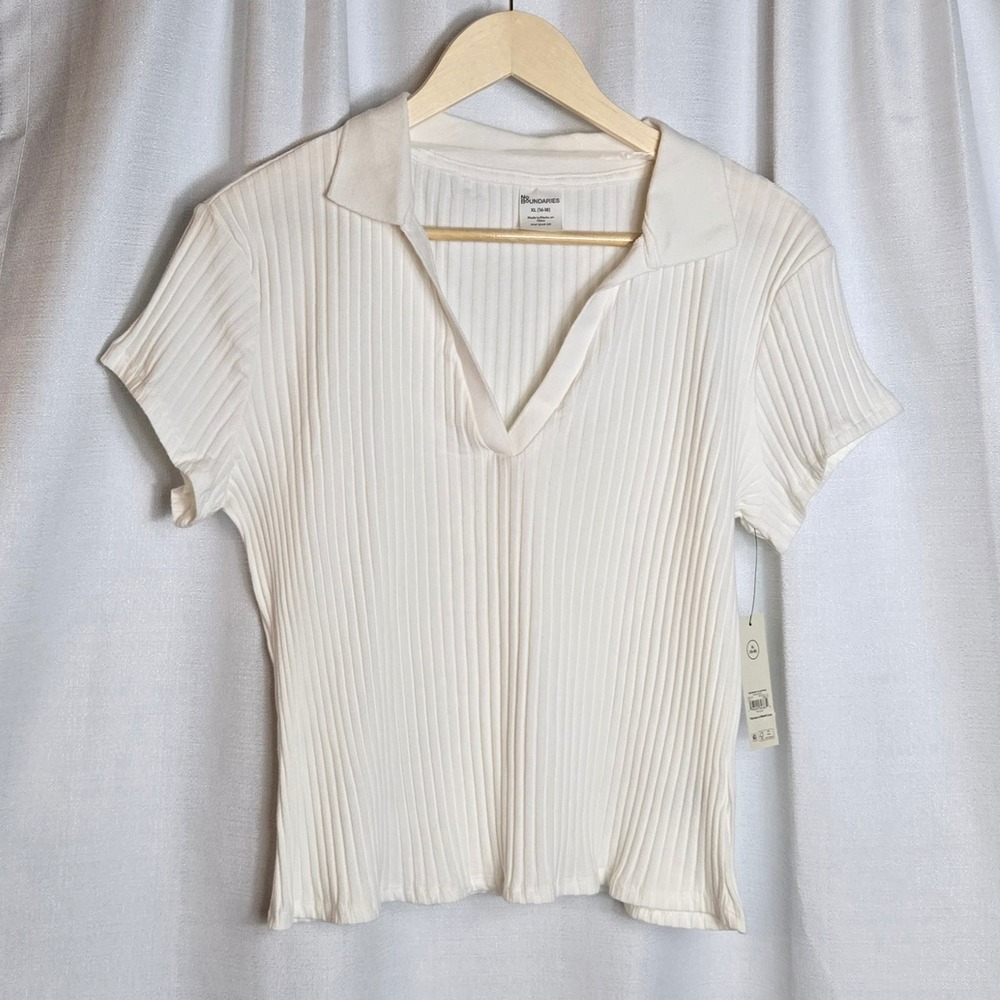 New Y2K Style No Boundaries Ribbed Collared Short Sleeve Crop Top White XL 16 18